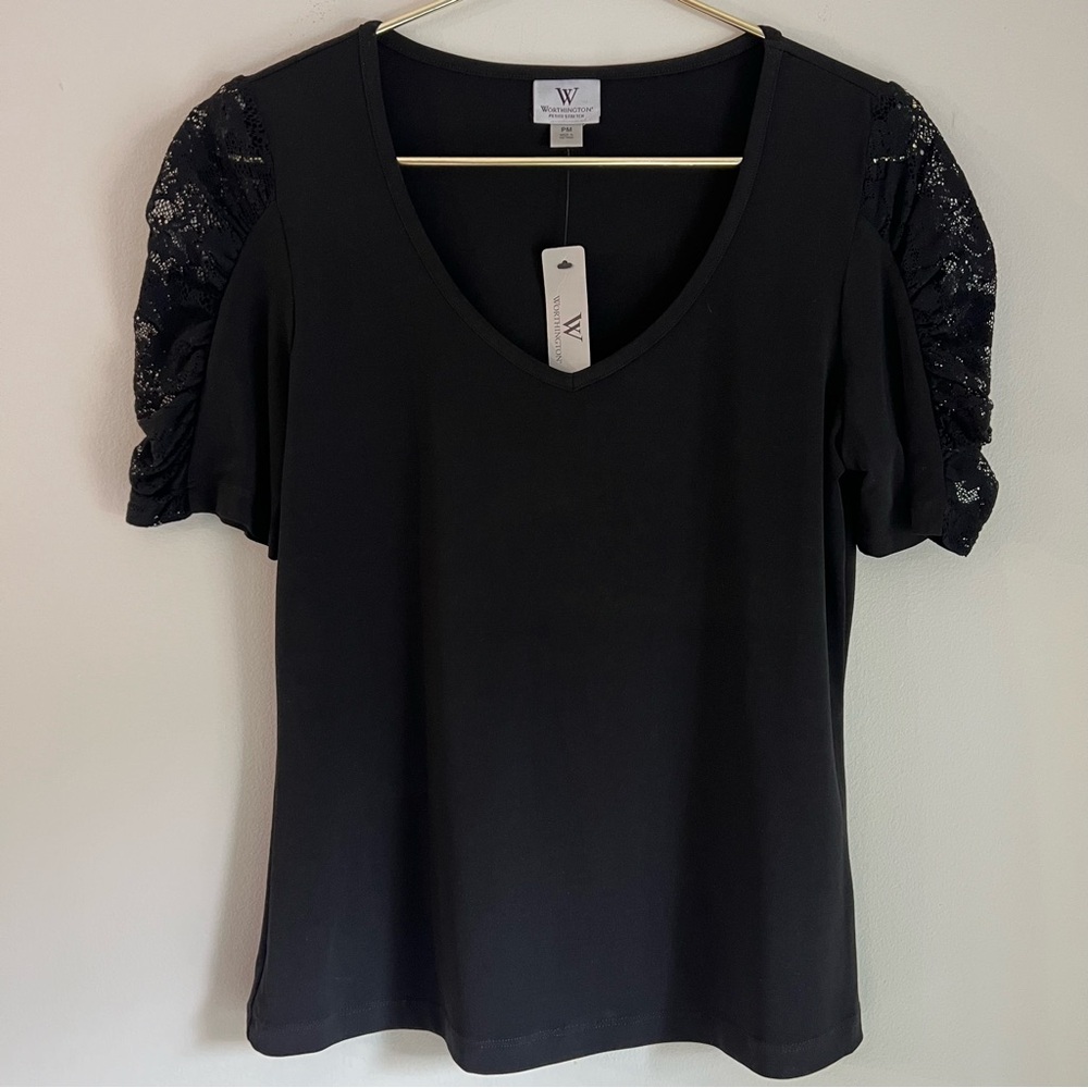 Black Shortsleeved Top with Lace Detail on Sleeves Size Petite Medium